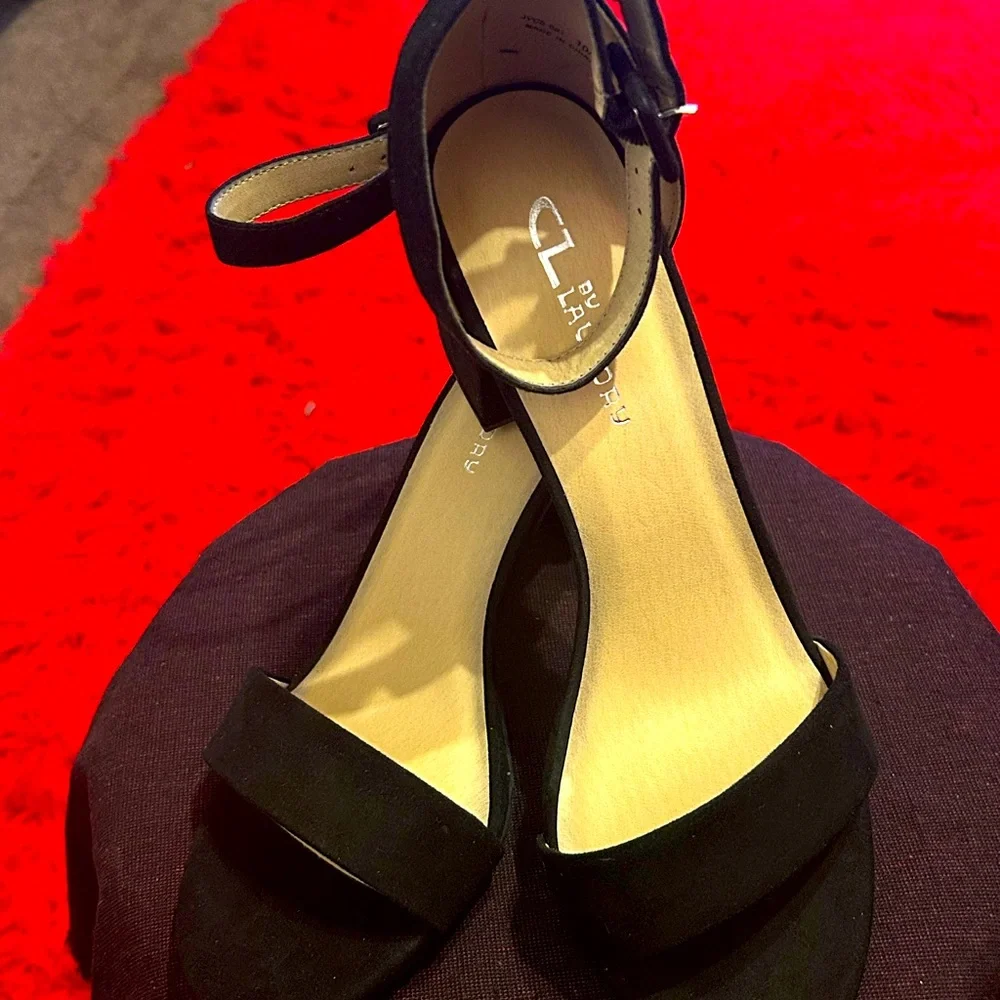 CL by Laundry Black Block Heel Ankle Strap Sandals
